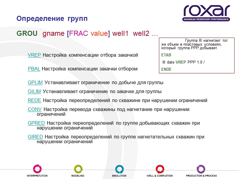 VREP Настройка компенсации отбора закачкой  PBAL Настройка компенсации закачки отбором  GPLIM Устанавливает